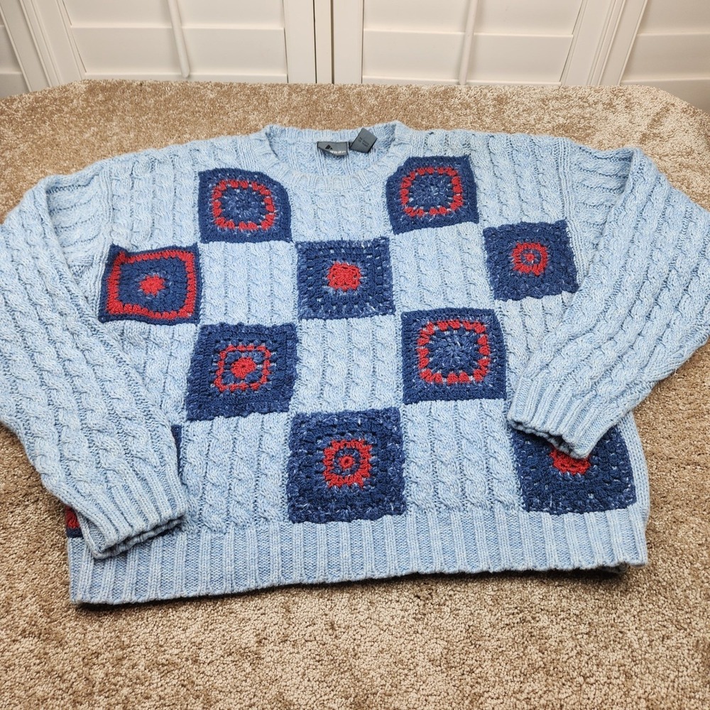 Lizwear Vintage Light Blue Cable Knit Crochet Patchwork Sweater Womens Large L‎